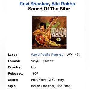Vinyl Ravi Shankar sound of the sitar 1967